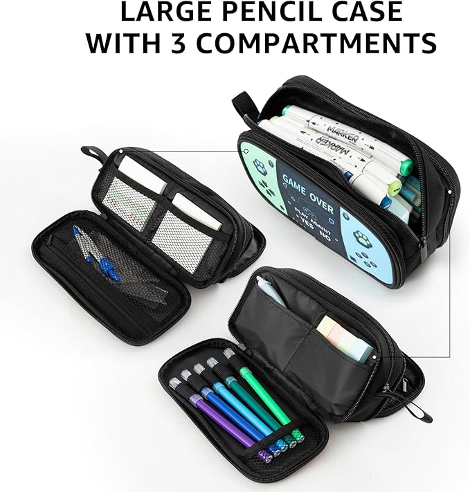 Easozoom Large Game Controller Pencil Case for Teen Boy Kid Capacity Pen Box Pouch Organizer Holder Bag with 3 Compartments & Zipper School College Office Supplies (1PCS Pencil Case) (Blue&Green)