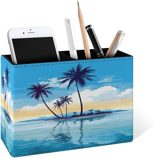 Famame Tropical Island Palm Trees Pencil Holder for Desk, Leather Desktop Container Pen Cup Storage Study Table Pen Organizer Makeup Brush Holder for Classroom Office Home
