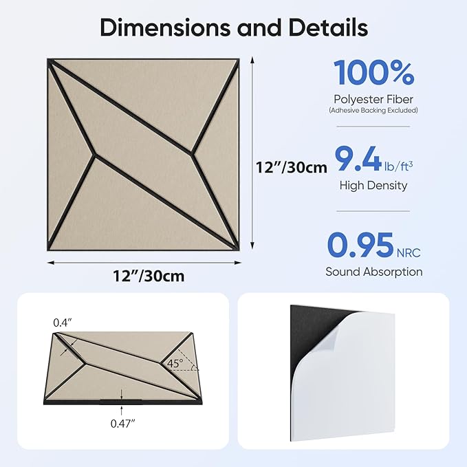 UNECHO 12 Pack 12" X 12" X 0.47" Acoustic Panels for Wall Sound Absorbing, Dual-Color P-Stripes Square Self-Adhesive Sound Panels, High Density Suitable for Multiple Scenarios(Black+LightBrown)