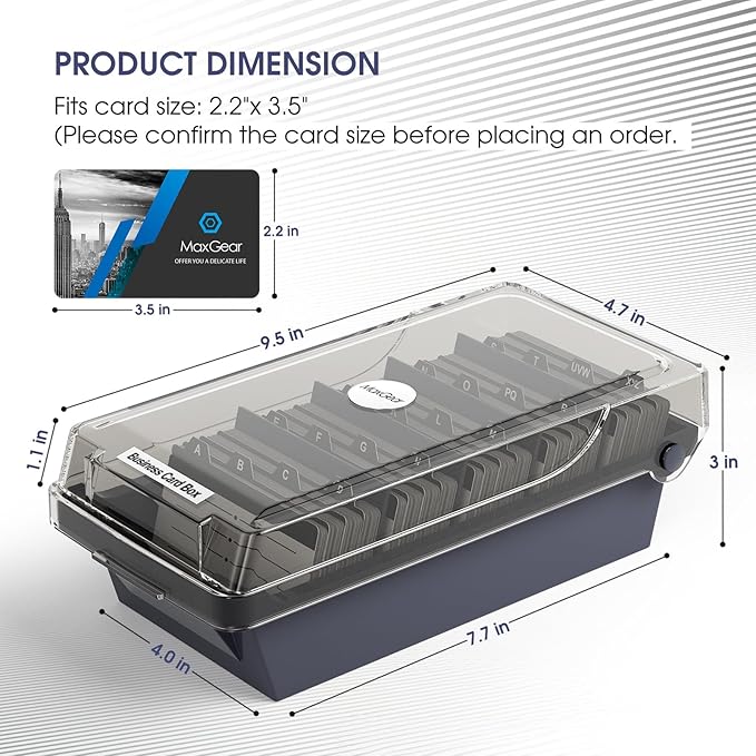 MaxGear Business Card Holder Desk, Large Plastic Business Card Organizer Box with Lid, Credit Cards Holder File Storage Case for Office & Home, Holds 500 3.5” x 2.2” Cards with A-Z Index Tabs, Gray