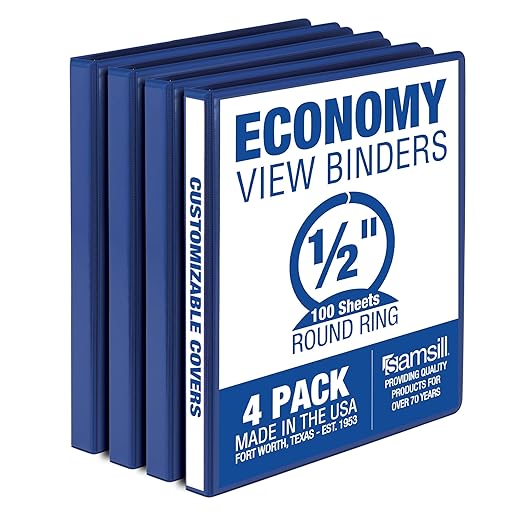 Samsill 0.5 Inch 3 Ring Binder, Made in USA, Economy Round Ring, Clear View Cover, 100 Sheet Capacity - for School, Home, Office - Blue, 4 Pack