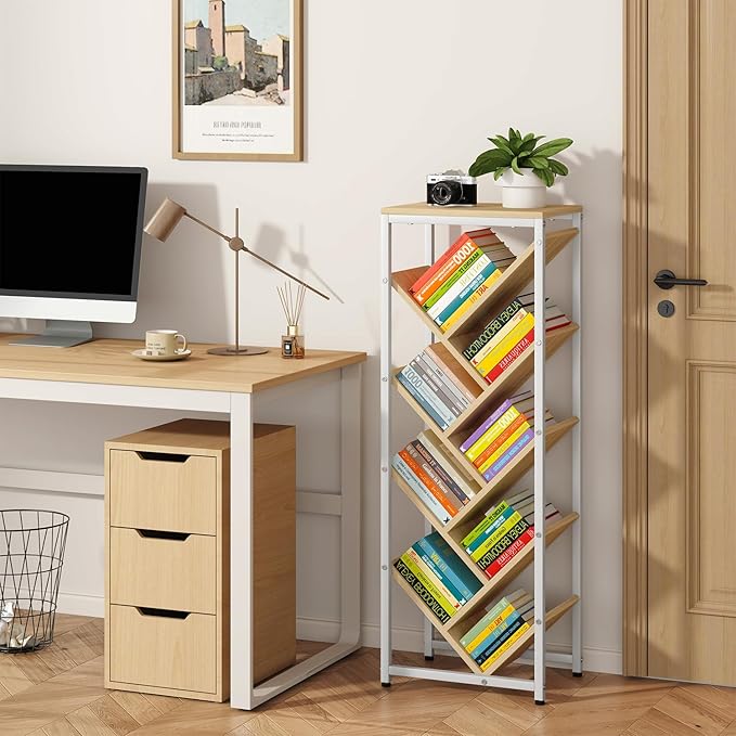IBUYKE 9 Tier Tree Bookshelf, Floor Standing Wood Bookshelf for Narrow Space, Storage Organizer Bookcase for Books/CDs/Movies, Small Corner Bookcase for Bedroom Living Room,Natural,TBC002N