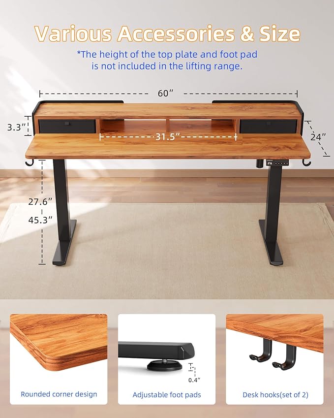 YIHAYO Electric Standing Desk with Drawers, 60 x 24 Inches Adjustable Desk with Storage Shelf, Computer Table with Splice Board for Home Office, Black Frame/Rustic Brown Top