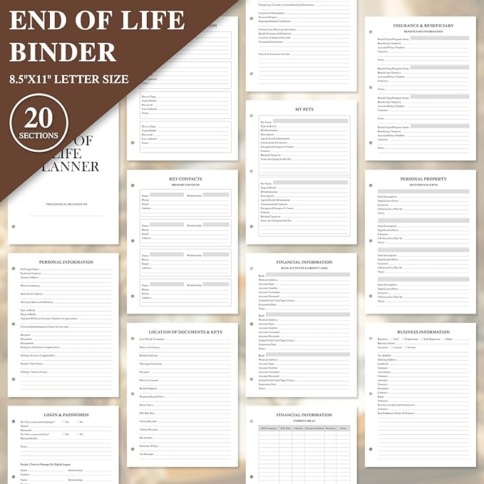 Lanpn End of Life Binder Organizer Death Planner 8.5"x11", Final Wishes & Estate Document Folder with 8 Dividers & 10 Letter Size Binder Pockets, Before Death Life Plan When I Die Journal Book