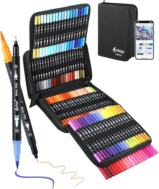 AEDAGA 120 Colors Numbered Dual Tip Brush Pens with Free App, Fine and Brush Tips Pens for Adults, Coloring Markers for Coloring Book Bullet Journaling Note Taking Planner Hand Lettering