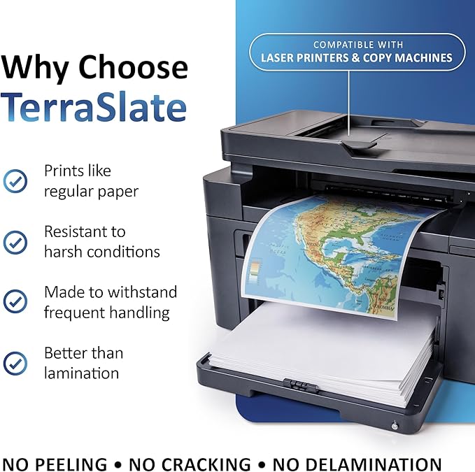 TerraSlate Premium Waterproof Paper, 5 MIL 8.5” x 11”, Laser Printer & Copy Machine Compatible, Durable & Rain/Weather-Proof Copy Paper, White Paper (25 Sheets)
