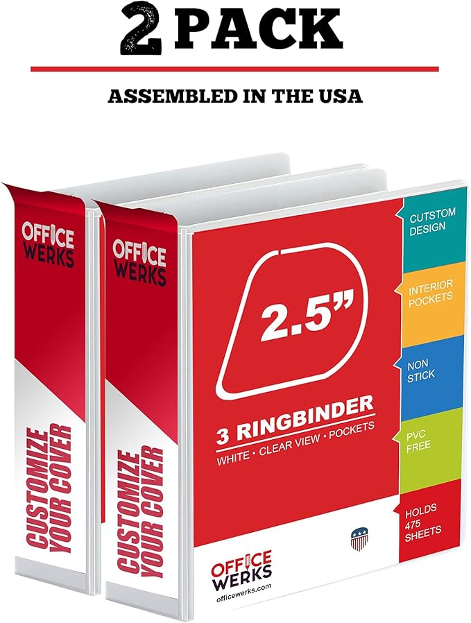 Ring Binder Depot 3, Professional Angle D Ring Binder 2.5 Inch, Presentation Folder for Standard Pages 8.5 x 11 with Pockets, Crystal Clear View White Binder (2 Pack)