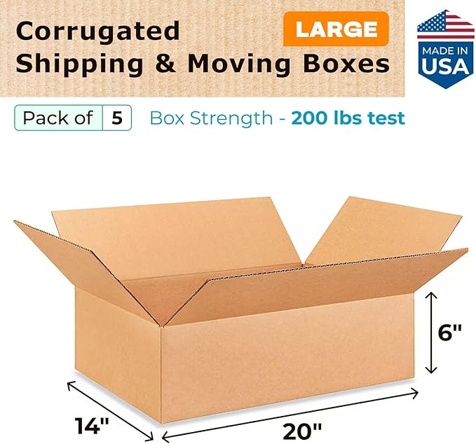 Large Shipping & Moving Boxes 20 x 14 x 6 inches (5-Pack) - Extra Strength 200 lb vs Regular - Corrugated Durable Large Moving Boxes - Shipping Box for USPS, FEDEX - Packing Box by IDL Packaging