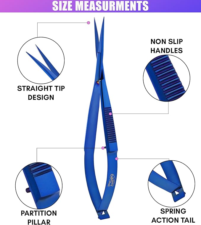 Cross Edge Spring Scissors 5 Inch straight Stainless Steel Precision Eyebrow & Eyelash Shaping & Trimming Scissor, Snips Squeeze, Embroidery & Knitting Micro Tip Craft (Blue)