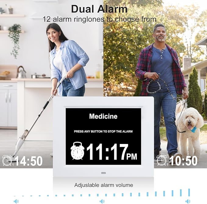TMC 8 Inch Digital Dementia Clock for Seniors – Large Auto-Dimming Display with Date & Time, Multi-Language Calendar, 5 Alarms + Medicine Reminders – Wall or Desk Mount, Built-in Stand (White, SD)