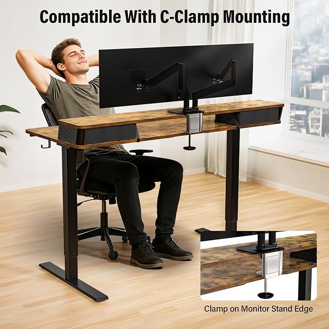 Kingant 40 x 24 Inch Electric Standing Desk with Dual Drawers, Height Adjustable Sit to Stand Computer Desk with Storage Shelf and C-Clamp Mount Compatibility for Home Office, Rustic Brown
