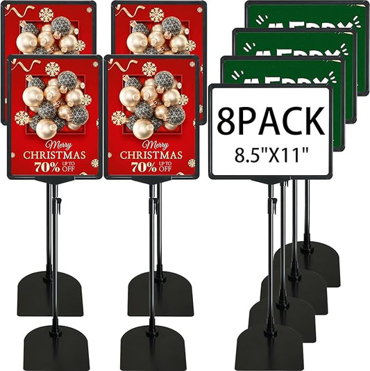 ONCEMORE Sign Holder, 8.5 x 11 Inch Sign Stand with Adjustable Height Snap Open, Reusable Sign Stands for Display Advertising Business Signage, Vertical and Horizontal Two View Modes (Black, 8 Pack)