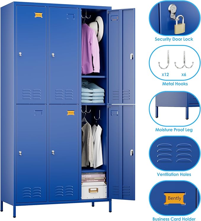 SUPEER 6 Doors Metal Locker for Employees with 18 Hooks and Business Card Holder,Metal Locker with Ventilation Holes for School Garage Office Gym Home,Assembly Required,Blue