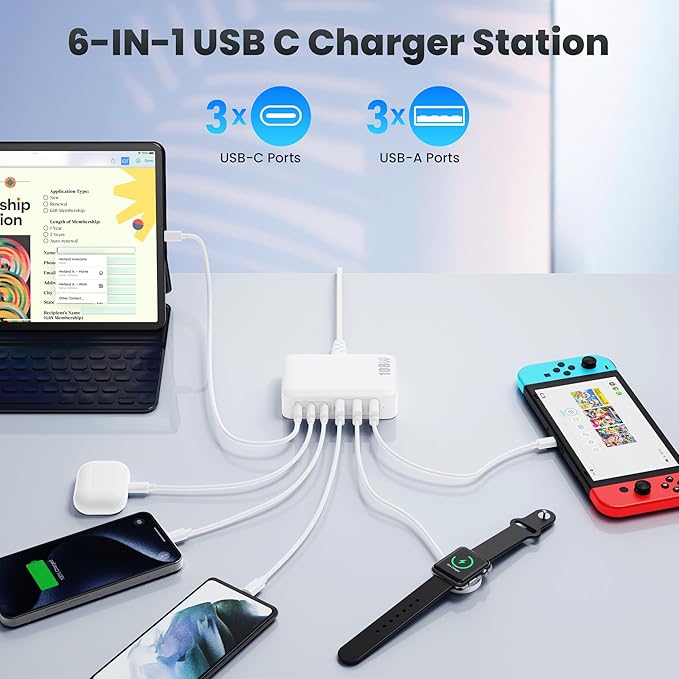 USB C Charger Block Charging Station,108W GaN III 6 Port 3xQC+3xPD Wall Charger Adapter Plug Cube,Super Fast Type C Charging Hub Box for iPhone 17 16 15 14 13 Pro Max iPad Samsung Pixel 5ft Cord-White