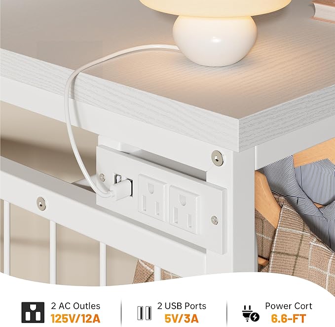 EnHomee 49.2" W White Dresser for Bedroom with Hanging Rack, 6 Drawers Dresser with LED Lights & Charging Station, Fabric Dressers & Chest of Drawers with Grid Panel & 4 Hooks, Wooden Top