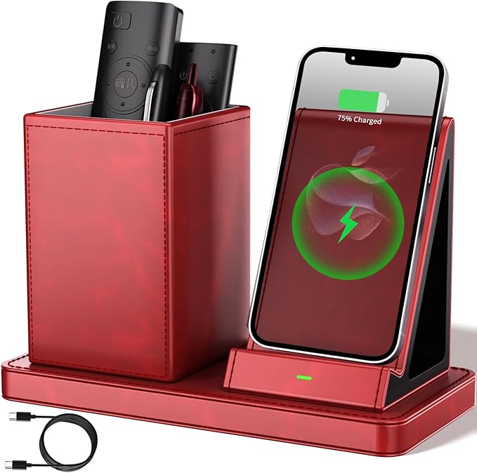 LADSTAG Desk Organizer with Phone Holder,Red Multi-Functional Pencil Holder for Desk, Desk Organizers and Accessories for Office Art Supplies,Desk Phone Stand Charger for Desktop/Counter