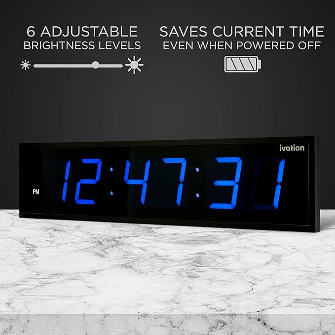 Ivation Huge Oversized 72" Large Digital LED Clock | Big Digital Clock w/Multi-Function Display – Stopwatch, Timer, Alarms, Temp & Date | 6 Brightness Levels, Time Memory & Remote (Blue)