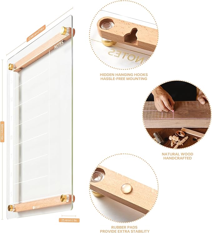 Clear Glass Weekly Dry Erase Calendar Whiteboard with Wood Decoration for Wall, Menu & Meal Planner White Board for Home Kitchen, 15x11, Wood Marker Holder and 4 Markers Included, Yeoux