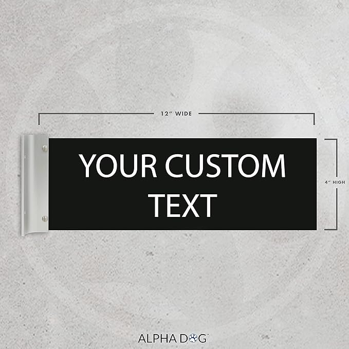 ALPHA DOG SIGNS Custom Projecting Hallway Nameplate, 4"x12" Double-Sided Business Sign, Personalized 2-Line Text, Indoor Outdoor, Easy Install, Durable, Made in USA (Black)