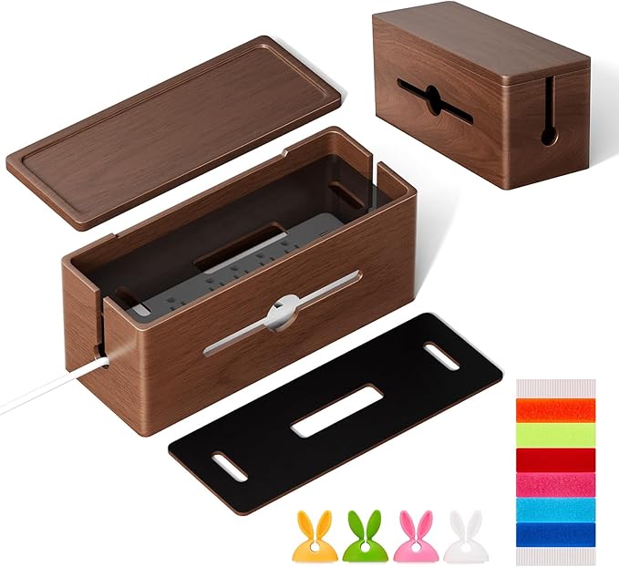 HomeBliss Extra Large Cable Management Box – Brown Double Layer Wooden Cord Organizer with Divider for Desk, TV Stand, Kitchen, and Office （NO Power Strips or Chargers）