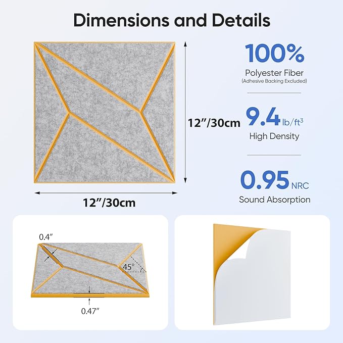 UNECHO 12 Pack 12" X 12" X 0.47" Acoustic Panels for Wall Sound Absorbing, Dual-Color P-Stripes Square Self-Adhesive Sound Panels, High Density Suitable for Multiple Scenarios(Orange+SilverGray)