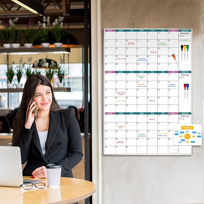 ARCOBIS 3-Month Dry Erase Calendar for Wall, 39"x28" Magnetic Whiteboard Calendar with Silver Aluminum Frame, Monthly Calendar Board for Office, Home, School