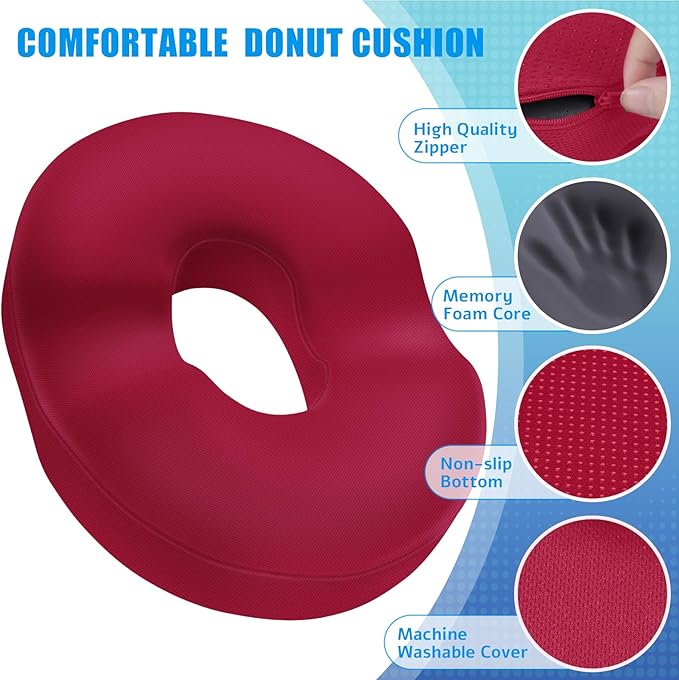 BlissTrends Donut Pillow Seat Cushion,Donut Chair Cushions for Postpartum Pregnancy & Hemorrhoids,Tailbone Pain Relief Cushion,Memory Foam Lifting Cushions for Office&Home Chairs (Red)