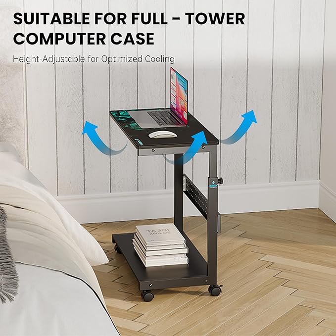 EUREKA ERGONOMIC PC Stand Computer Cart Frosted Glass, Height Adjustable Tower Stand 2-Tier Suit for ATX Case Printer, Metal Rolling Cart on Wheels for Gaming Home Office, Black