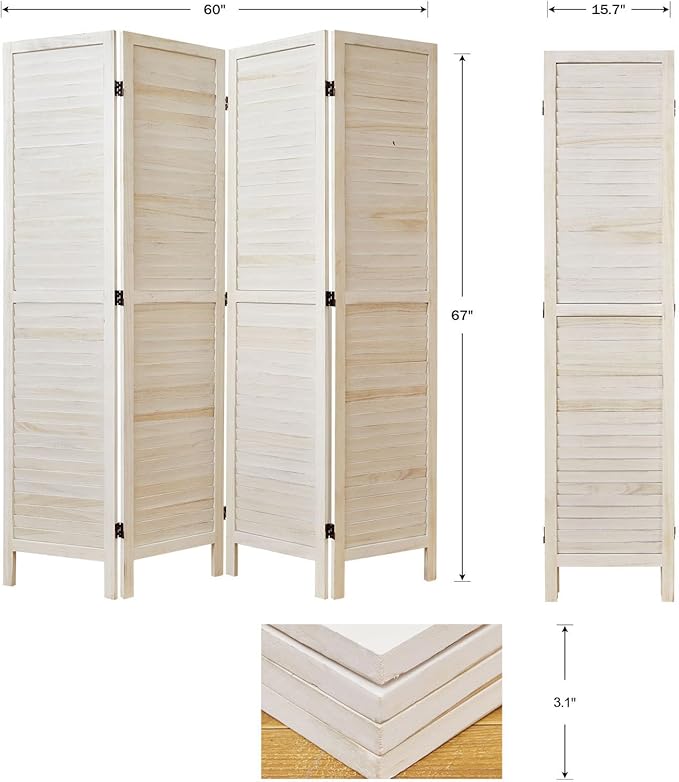 Room Dividers and Folding Privacy Screens, Wood Louvered Separators Divider Wall for Home Office Bedroom - 4 Panels, 67 * 60inch (White-Washed)
