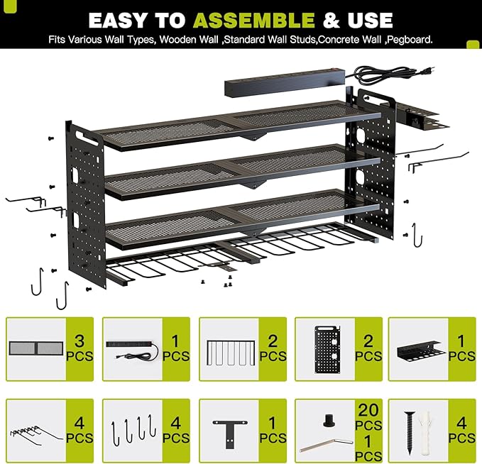 NattyDot Power Tool Organizer Wall Mount with Charging Station,Cordless Tool Organizer 8 Drill Holder, 4 Layer Storage Rack for Garage Organization,Tool Holder with 8 Outlet Power Strip (Black)