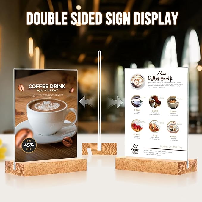 EthPul 16 Pack 5x7 Acrylic Sign Holder with Wood Base Vertical and Slant Displays, Clear Plastic Flyer Display Stand, Paper photo Table Menu Sign Frame Suitable for Restaurants, Office, Store, Hotels