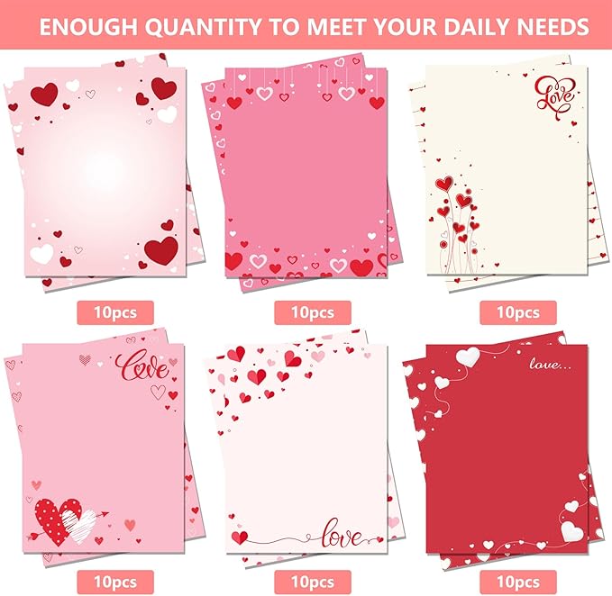 FANOST Valentine‘s Letter Paper Set - 60 Sheets A4 A4 (8.5“x11”) Red Heart Love Pattern Stationery Paper for Romantic Handwritten Notes, Premium Writing Paper Gift for Her/Him Boyfriend/Girlfriend