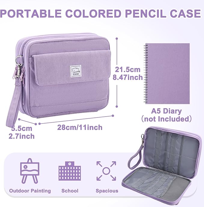 VASCHY Colored Pencil Case, Corduroy Large Pencil Pouch for Art Pens Markers Gel Pens Big Holder Organizer Fits 192 Pencils for Girls Women Light Purple
