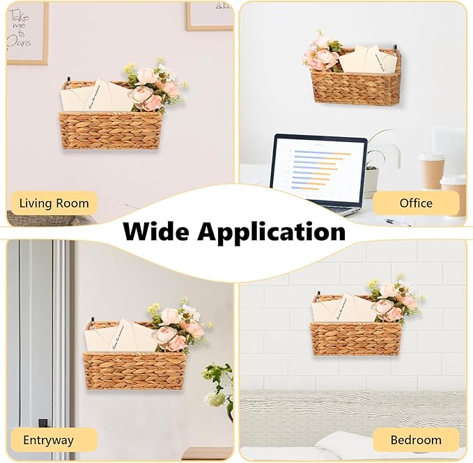 2 Pcs Woven Mail Holder Wall Mount Basket Rattan Wall Letter Holder Wicker Hanging Magazine Rack Water Hyacinth Magazine Basket Wall File Folder Hanging Storage Basket with Hooks for Envelope Office