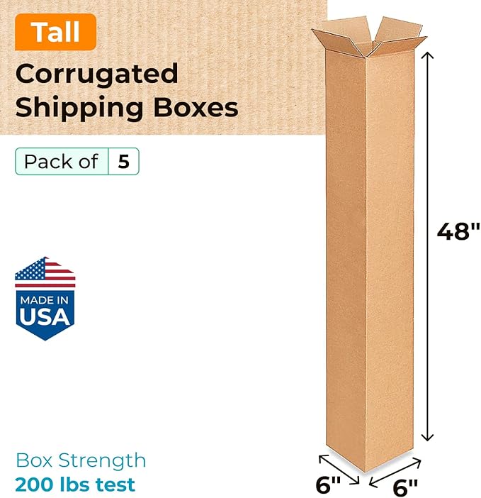 Tall Moving & Shipping Boxes 6 x 6 x 48 inches (5-Pack) - Extra Strength 200 lb vs Regular - Corrugated Packing Boxes for USPS/UPS/FEDEX - Moving Box, Made in USA - Carton Box by IDL Packaging