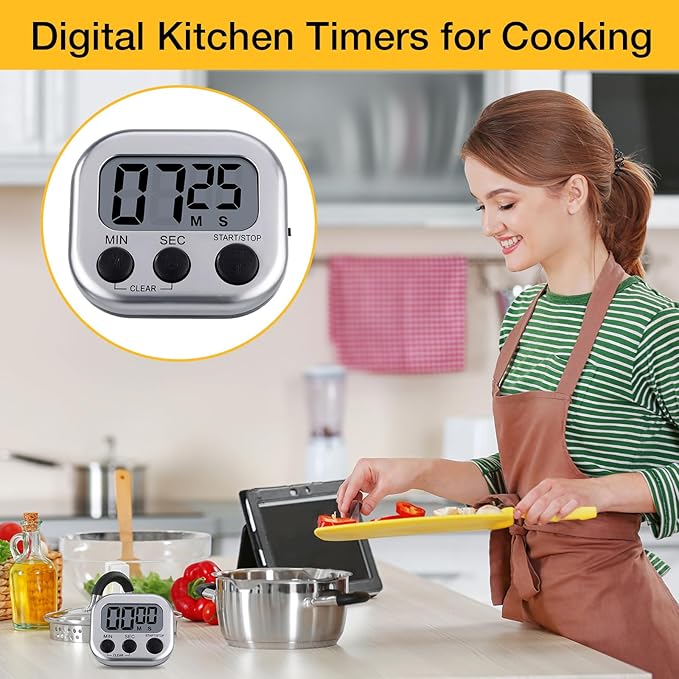Leumoi 24 Pcs Digital Kitchen Timers Magnetic Back Timers Bulk Large Screen Loud Alarm On/Off Switch Minute Second Count up Countdown Memory Setting for Cooking Classroom Exercise (Sliver and Black)