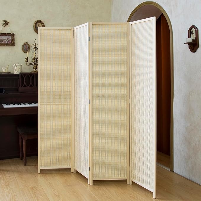 Loomveil 4 Panel Room Divider Folding Privacy Screen,67 inch Bamboo Panel Divider for Home Partition,Beige