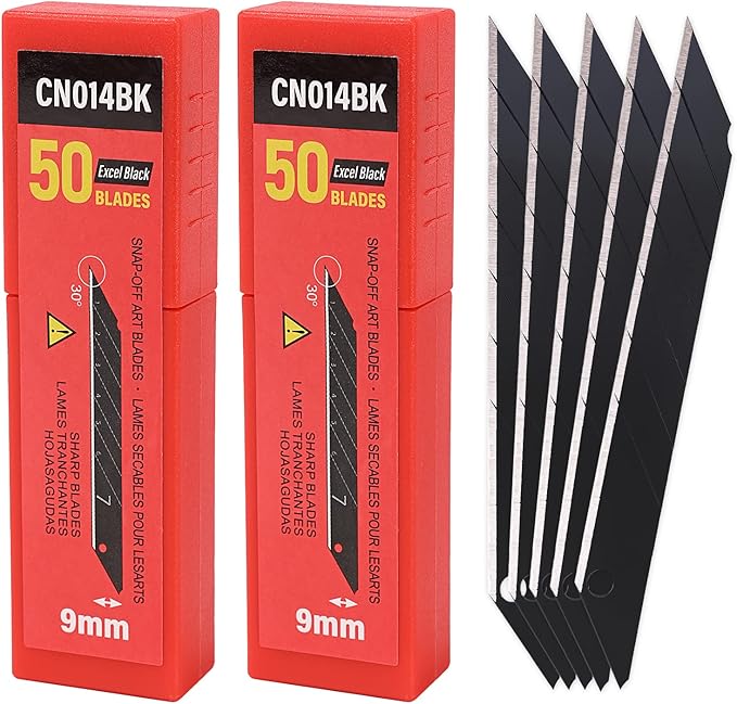 Gomake 9mm Utility Knife Replacement Blades,30 Degree Snap Off Carbon Steel Blades for Retractable Cutting Knives, Hobby, Craft Knife, Box Cutter 100PCS-Black
