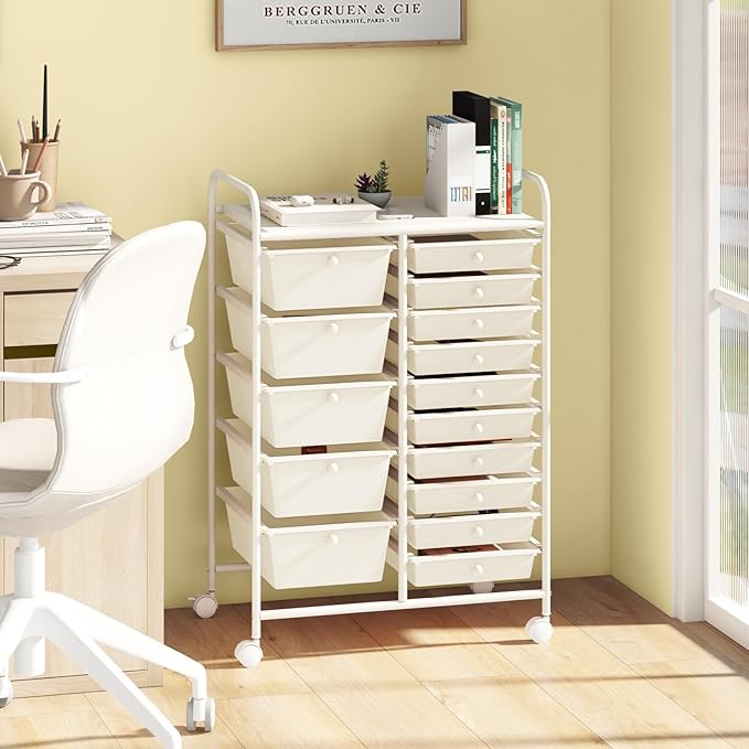COSTWAY 15-Drawer Rolling Storage Cart, Mobile Utility Cart with Heavy-duty Frame & Lockable Wheels, Multipurpose Storage Organizer Cart for Tools, Paper, Drawer Cart for Home, Office, School, White