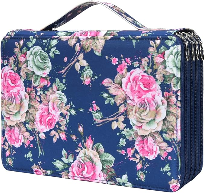 Vomgomfom Colored Pencil Case - 200 Slot Pencil Holder with Zipper Closure, Twill Fabric Large Capacity Pencil Case for Watercolor Pens or Markers, Artist Organizer (Blue Rose)