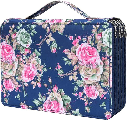 Vomgomfom Colored Pencil Case - 200 Slot Pencil Holder with Zipper Closure, Twill Fabric Large Capacity Pencil Case for Watercolor Pens or Markers, Artist Organizer (Blue Rose)