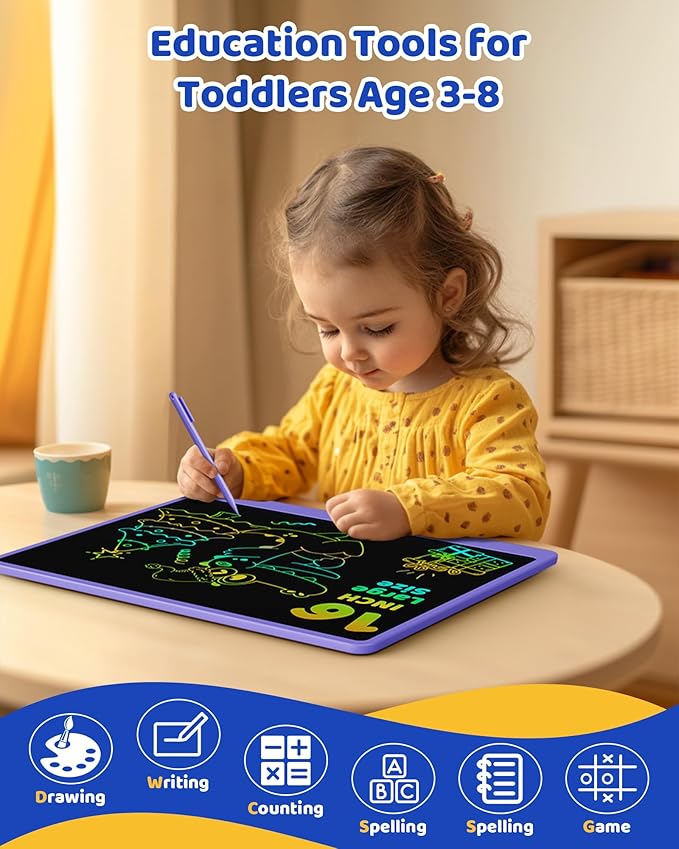 KOKODI LCD Writing Tablet for Kids 16 Inch Colorful Doodle Board, Electronic Drawing Tablet Drawing Pad for Kids, Educational and Learning Kids Toys Gifts for 3 4 5 6 7 8 Year Old Boys and Girls