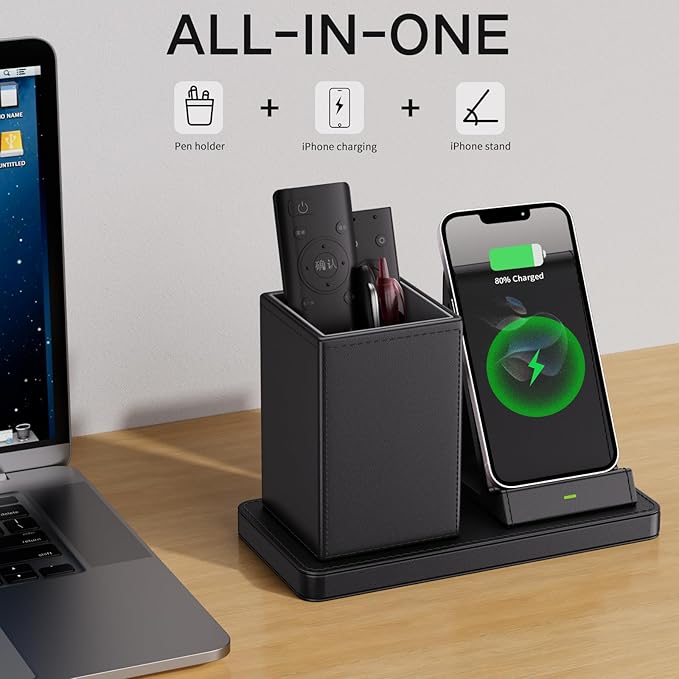 Multi-Functional Pen Holder for Desk,Black Vegan Leather Desk Organizers with Remote Control Holder,Pencil Holder for Desk,Desk Organizer with Phone Wireless Charger for Office/Nightstand/Endtable