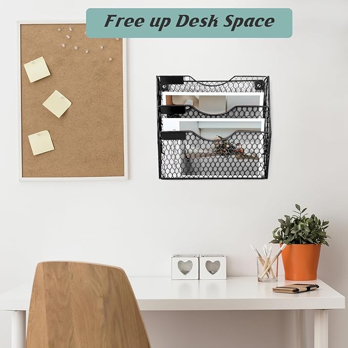 EASEPRES Mail Organizer Wall Mount Hanging File Holder Storage, Metal Chicken Wire Magazine Rack 3 Tier, Black