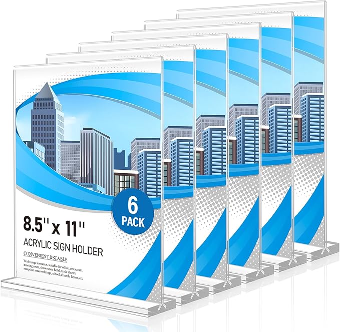 Eocnrhe Acrylic Sign Holder 8.5 x 11 6 Pack, Double-Sided Clear Sign Holder Plastic Stands for Display, Table Sign Stands, T Shape Flyer Holder