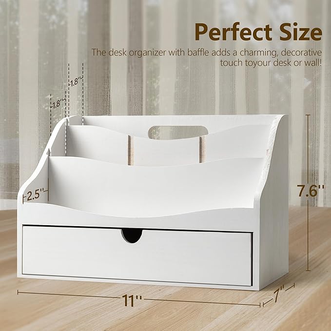 Rebee Vision Pine Wood Mail Organizer for Desk - Charming Farmhouse Countertop Mail Sorter for Office Desk & Home Decor - Mail Holder with Divider, 4-Slot Letter Sorter File Holder (White)