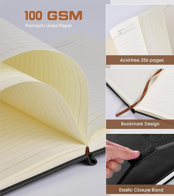 Biuwory Lined Journal Notebook for Women Men,256 Pages B5 Large Hardcover Leather Journals for Writing,Travel,Business,Work & School,College Ruled Notebooks for Note Taking,Diary Notepad 7.8"×10.2"