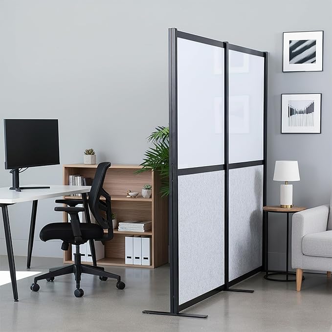 VIVO Modular Wall System, 2 PET and Whiteboard Panels, Professional Office Cubicle Dividers, Freestanding Privacy-Screen, 66 inches High, White and Light Gray, Black Frame, PP-MWS63B-WB