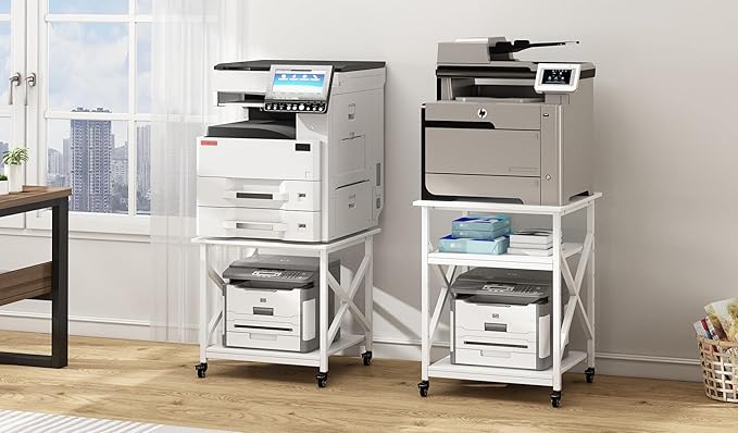Fannova Large Printer Stand with Height Adjustable Storage Shelf, 23.6 x 23.6 Inches Square Printer Table with Industrial Wheels, Multi-use 3 Tier Rolling Printer Cart for Home Office - White