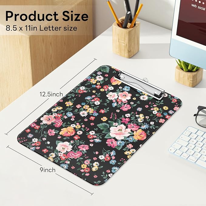 Luminzo Plastic Cute Clipboard Low-Profile Metal Clip, A4 Letter Size 9 x 12.5 in, 8.5 x 11 Paper Clip Board for Teachers, Nurses, Classroom,Vintage Flower